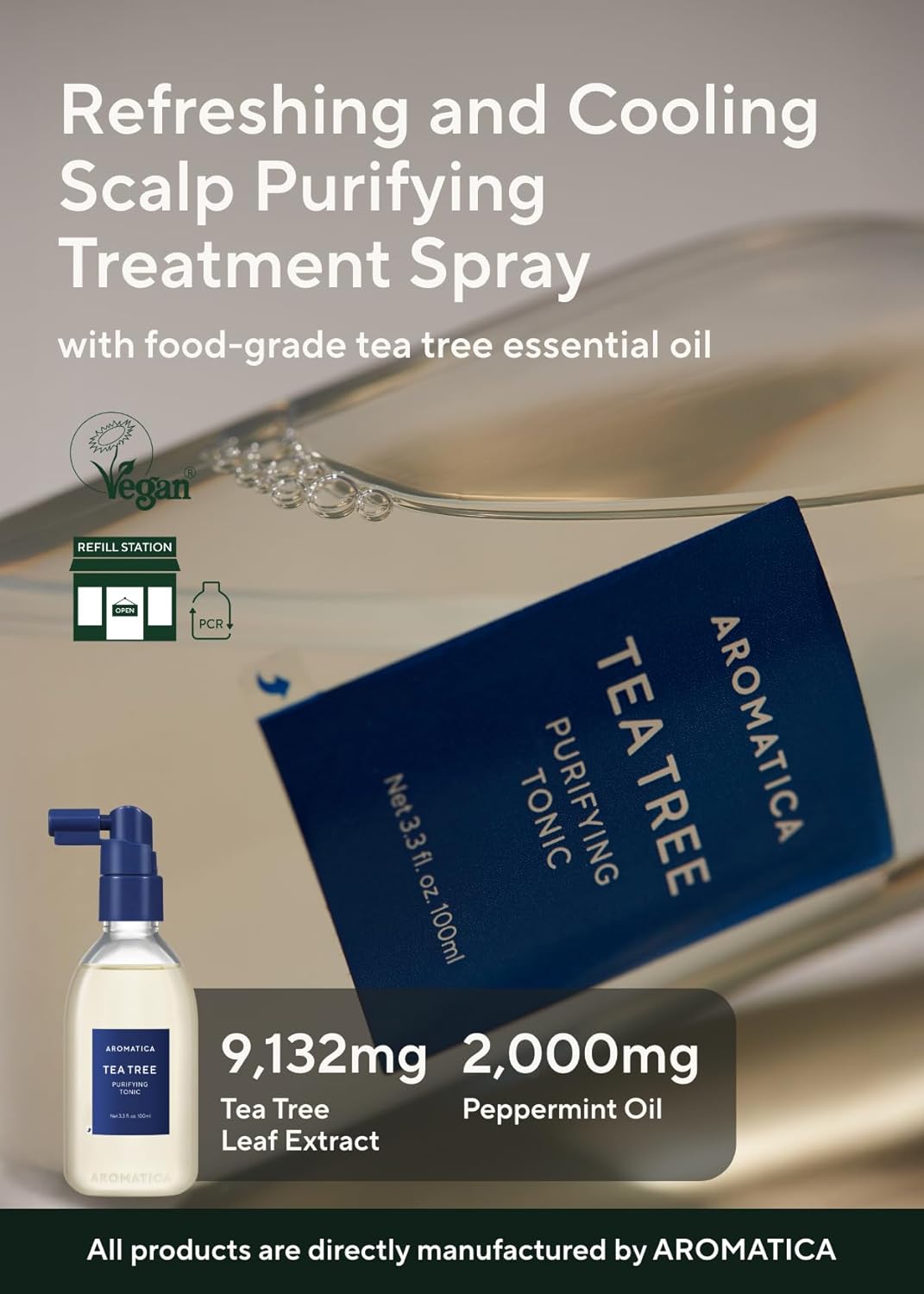 AROMATICA Tea Tree Purifying Tonic, Paraben, Silicone, Sulfate-free | Vegan | Soothing & Cooling Tonic for Your Scalp | Helps Hair Look Healthier and Nourished | Natural Ingredients Only (3.38oz)