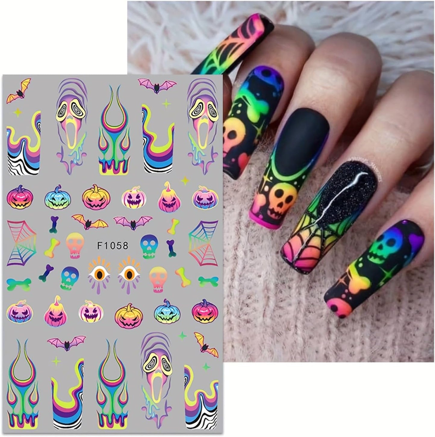 Halloween Nail Art Stickers 5 Sheets Cute Ghost Pumpkin 3D Self-Adhesive Nail Decals Spider Web Blood Flame Designs Manicure Art Fall Thanksgiving Nail Supplies for Women DIY Nail Decorations