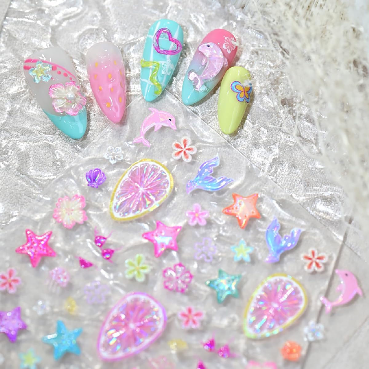 1 Sheets Summer Fruit Nail Stickers for Nails Art 5D Embossed Shell Starfish Nail Art Stickers Colorful Star Fish Jellyfish Self-Adhesive Design Summer Beach Nail Decals for Women Acrylic Manicure