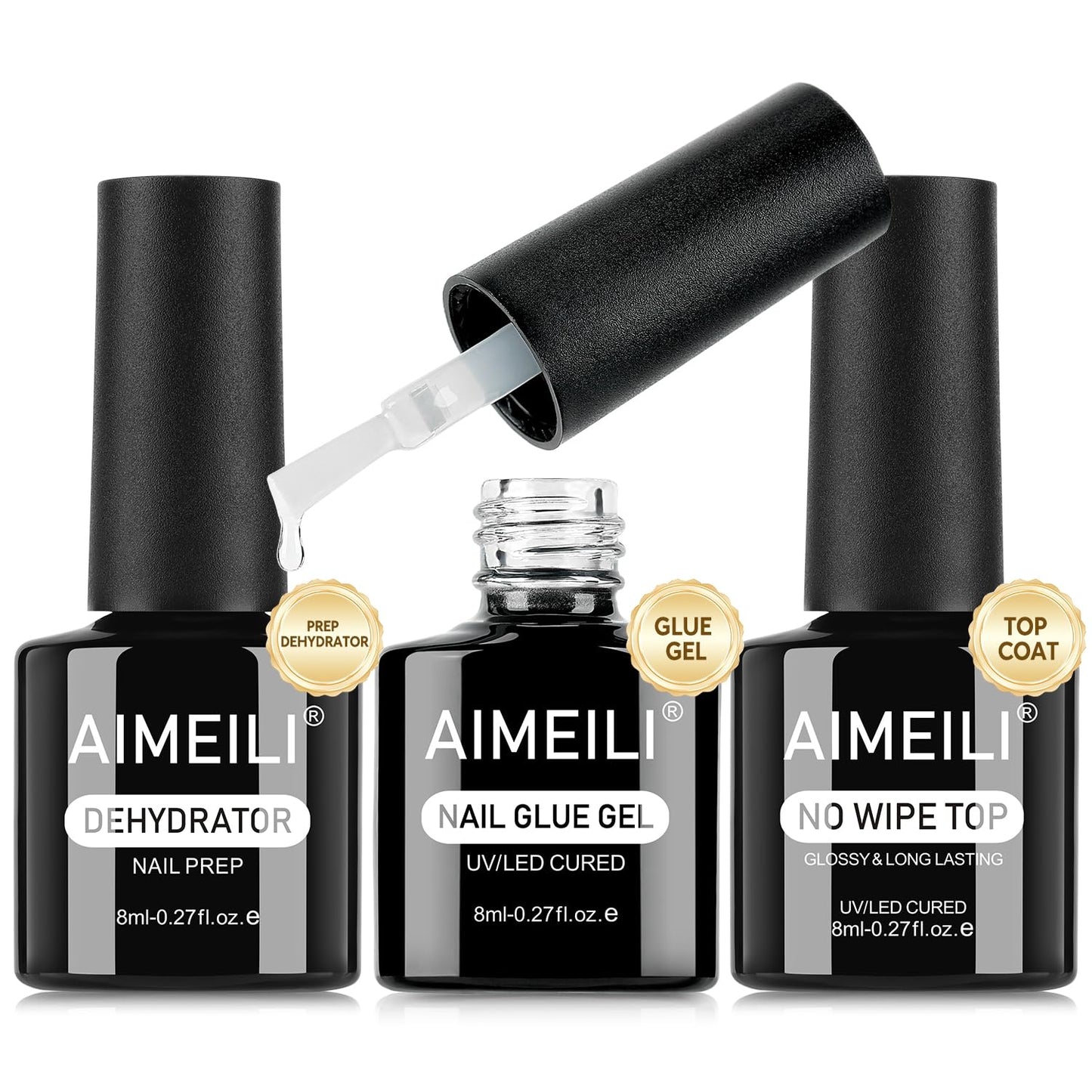 AIMEILI Nail Glue Gel with Top Coat and Prep Dehydrator 3 PCS, Hema Free, Cruelty Free, Vegan, Clear High Gloss Gel Nail Polish Long Lasting Nail Art