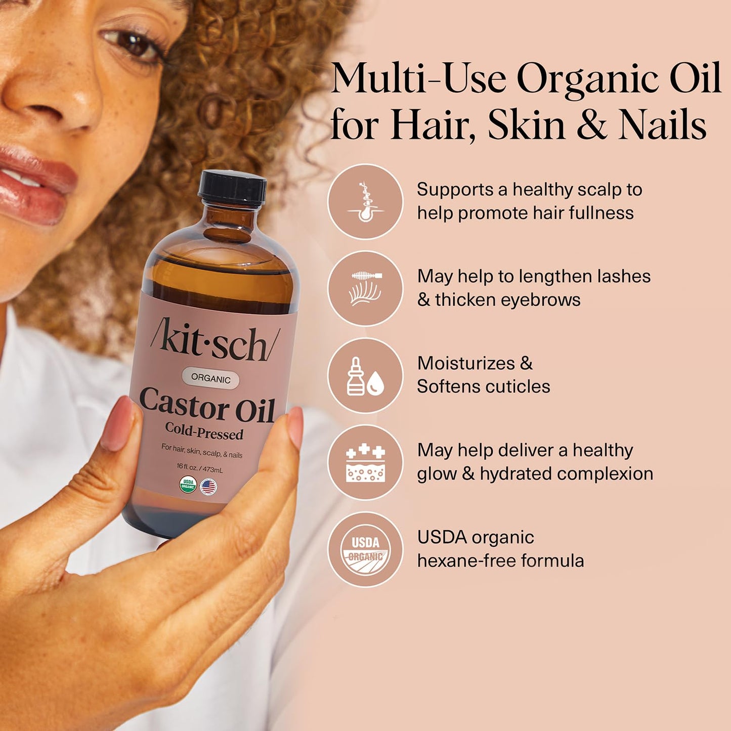 Kitsch Organic Castor Oil for Hair Growth - 100% Pure Castor Oil, Organic Cold Pressed Unrefined Glass Bottle for Face, Skin, Lashes, Brows, Scalp, Nails & Belly Button - Hexane Free, USDA - 16 oz