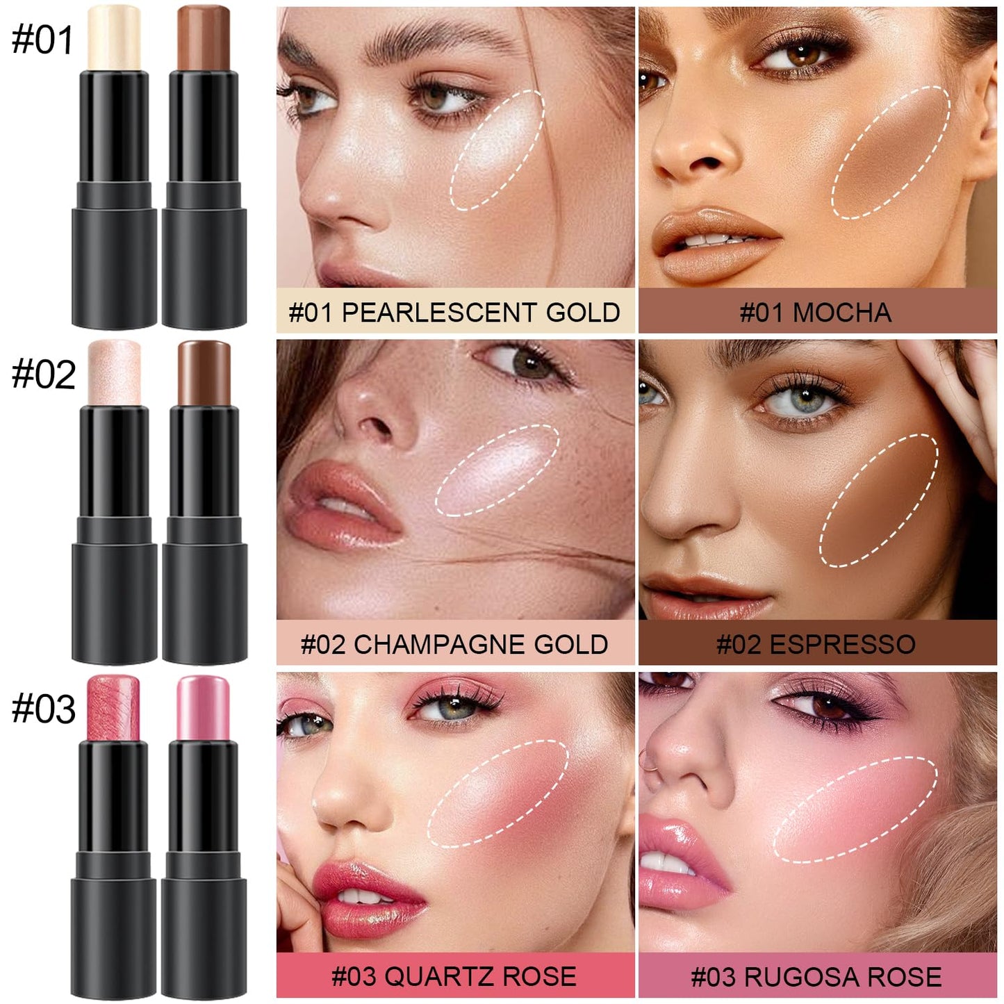 6 Colors Cream Contour Stick Makeup Kit, Shades with Highlighter, Blush and Double-End Bronzer Contour Stick for Sculpt the Cheeks, Long Lasting, Waterproof, Matte & Dewy Finish(SET A)