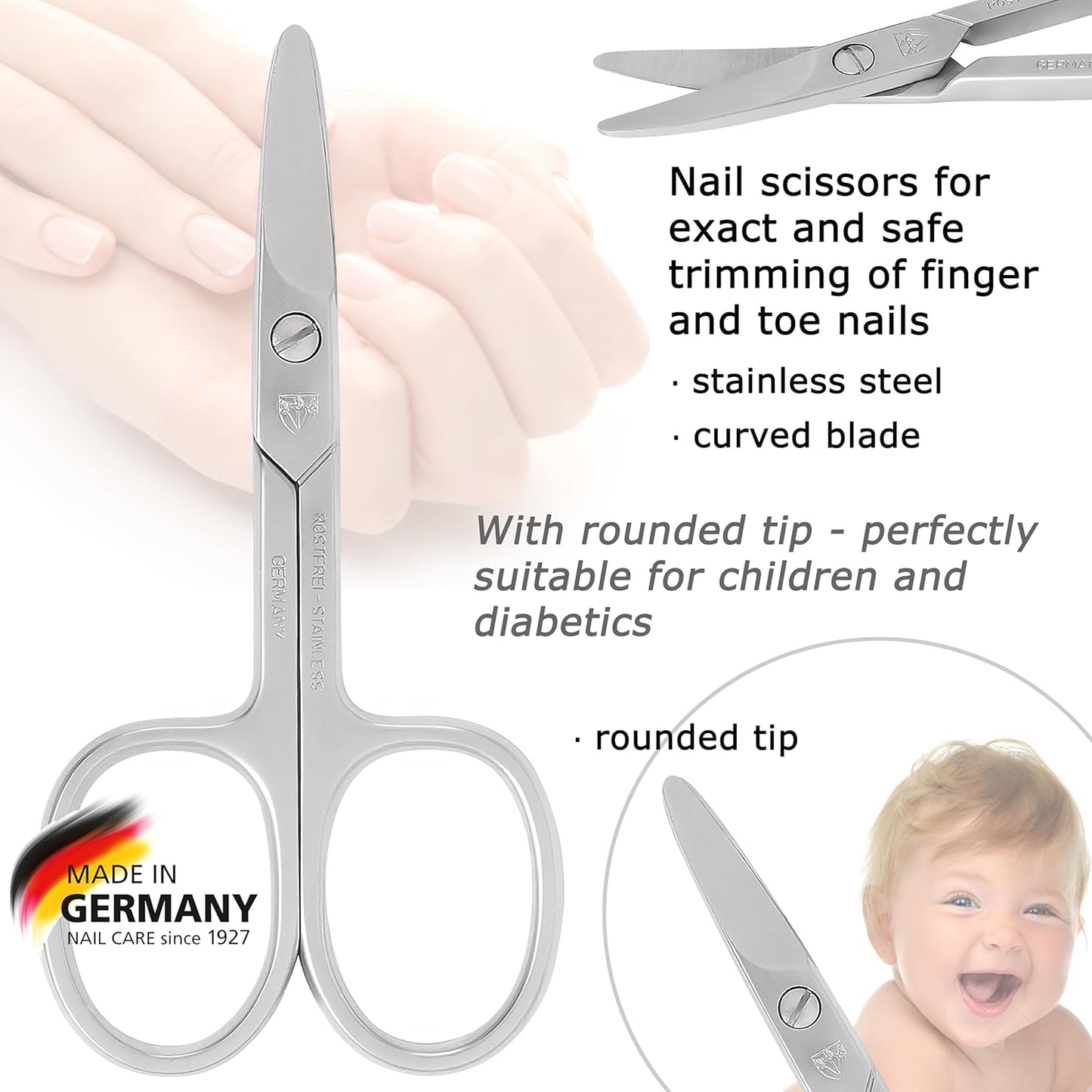 3 Swords Germany - brand quality STAINLESS STEEL INOX CURVED NAIL SCISSORS (1 PIECE) with round tips for DIABETICS - manicure pedicure - nail care by 3 Swords - Made in Germany