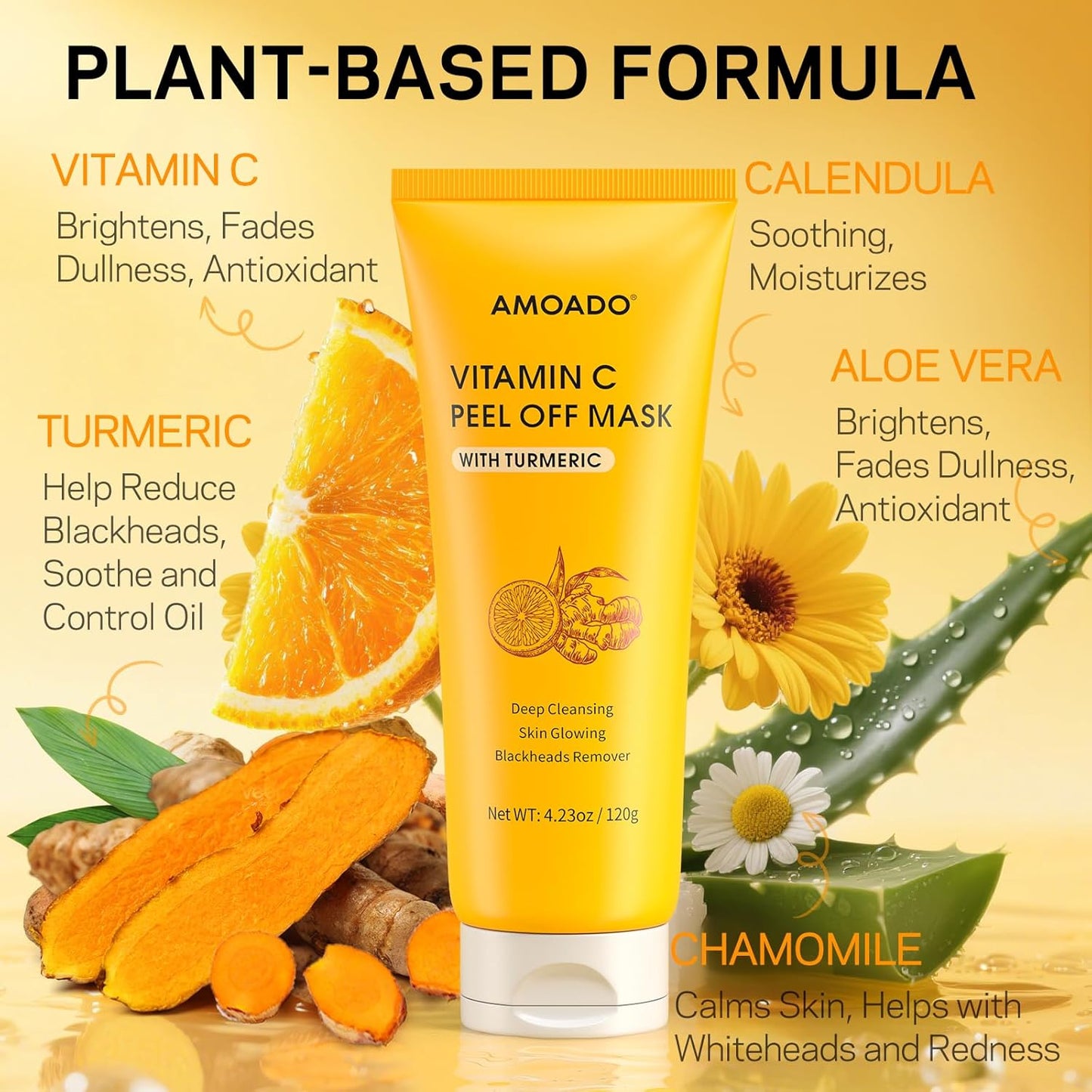 Blackhead Remover Mask, Peel Off Face Mask with Vitamin C & Turmeric for Men and Women–Deep Cleansing Nose Facial Mask for Blackheads, Pores & Oil Control with Pimple Extractor and Brush