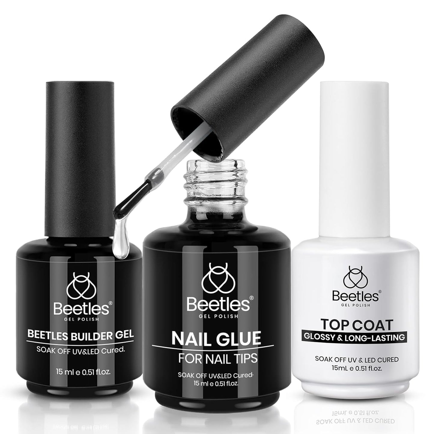 Beetles Gel Nail Glue Kit, 15ml Nail Glue Builder & Extra Glossy Top Coat Gel Nail Polish 3 Pcs Soak Off UV Kit for Long-Lasting Shine, Manicure Nail Art Design Diy at Home Gifts for Women