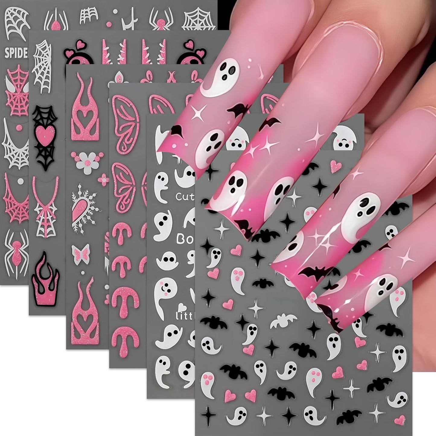 6Sheets Halloween Nail Stickers for Nail Art,3D Self-Adhesive Cute Ghost Spider Web Nail Decals Spooky Nail Art Stickers Heart Bats Spider Nails Design Manicure DIY Cute Holiday Nail Decoration Charms