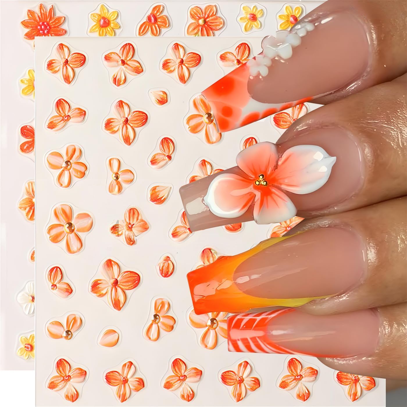 Fall Flowers Nail Art Stickers, Fall Gradient Orange Flower Nail Decals 5d Embossed Small Yellow Flower 2Pcs Nail Art Supplies for Women Nail Decoration