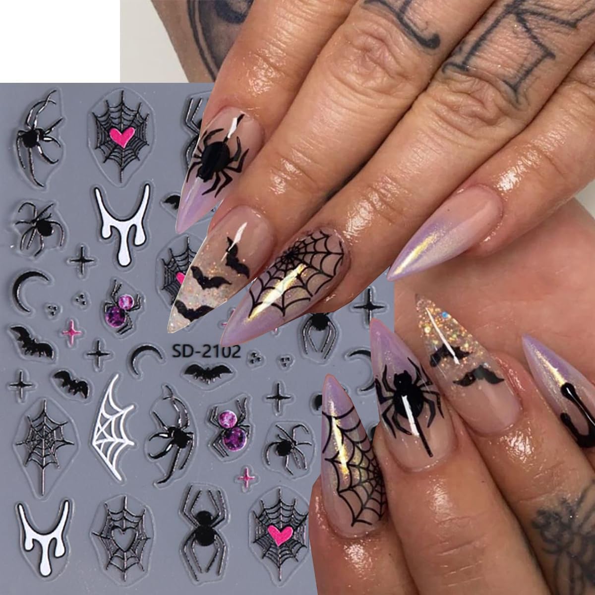 4 Sheets Halloween Nail Stickers Spider Nail Decals Bat Nail Art Stickers Spider Web White Ghost Black Heart Design Star Moon Nail Sticker for Nail Art Decor Scared Manicure Accessories for Women