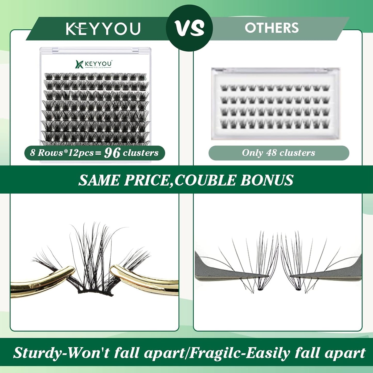 Lash Clusters 96pcs Individual Lashes D Curl 10mm Cluster Lashes KEYYOU Volume Wispy Lash Extension Soft&Comfortable Easy DIY at Home(Y03 D-10mm)