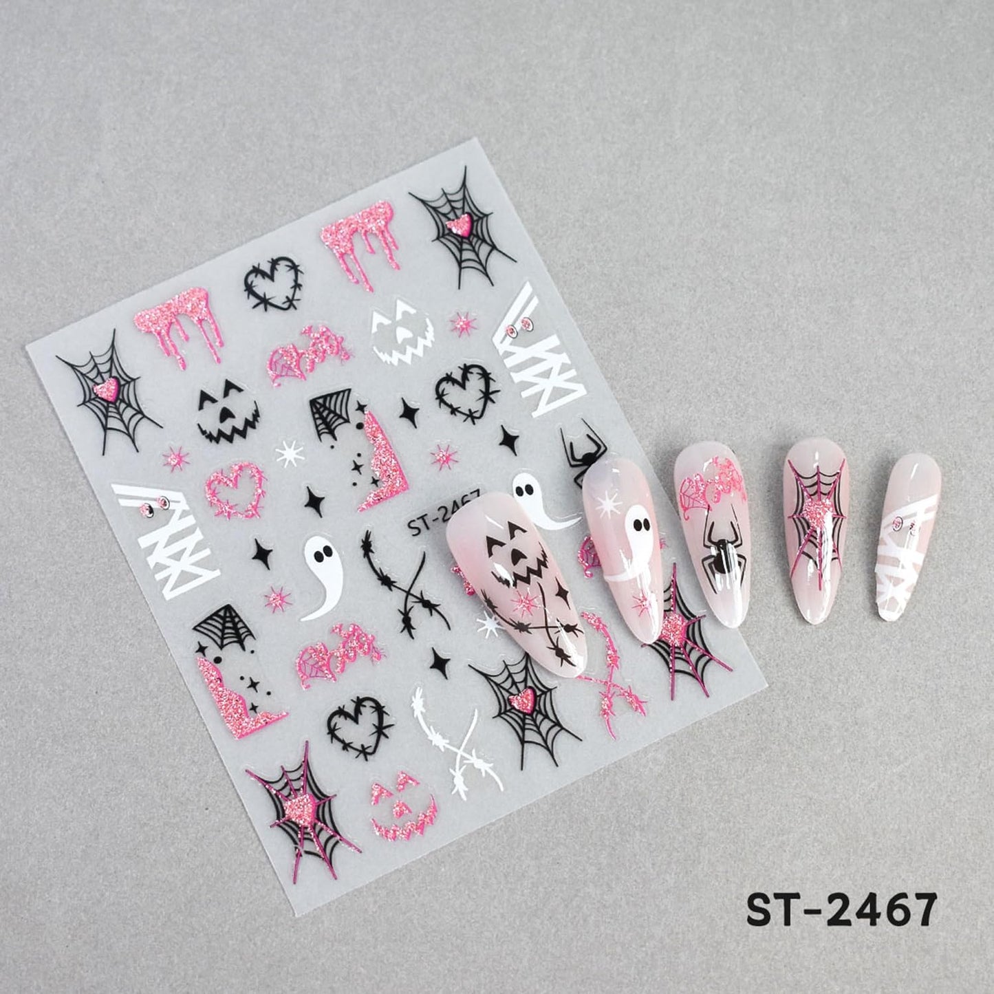 6 Sheets Halloween Nail Stickers Decals Pink Glitter Pumpkin Blood Drop Nail Sticker Black Spider Web Bat Nails Decals Self-Adhesive White Ghost Skull Nails Art Sticker Decal for Women Halloween Decor