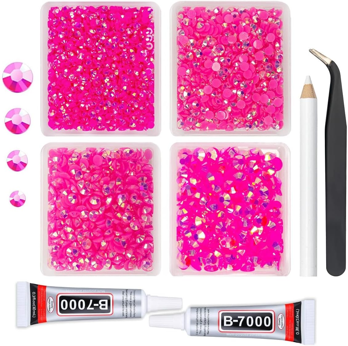 Hot Pink AB Resin Rhinestones w B7000 Jewelry Glue for Bedazzling Crafting 3mm 4mm 5mm 6mm Rose Pink Flatback Jelly Stones Bulk SS10 SS16 SS20 SS30 Diamonds Gems for Nails Makeup Tumblers Craft