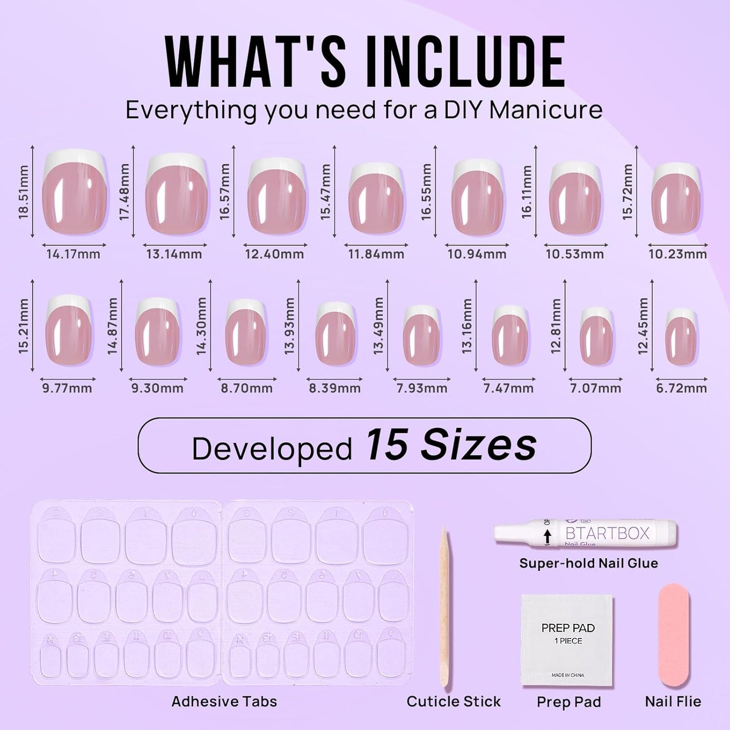 BTArtbox Press on Nails Short - White French Tip Press On Nails Square, Chrome Glazed Glue On Nails, Stick On Nails in 15 Sizes - 30 Soft Gel Fake Nail Kit, Be Elegant