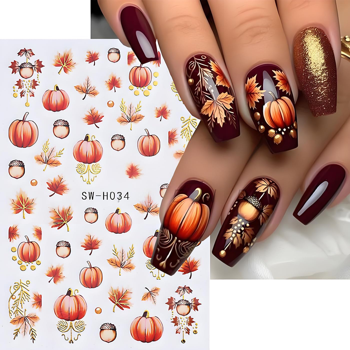 Fall Nail Art Stickers, Cute Fox Nail Art Decals 3D Self-Adhesive Leaves Pumpkin Nails Stickers Fall Flowers Nail Design 3Pcs Nail Art Supplies for Women Fall Nail Decoration