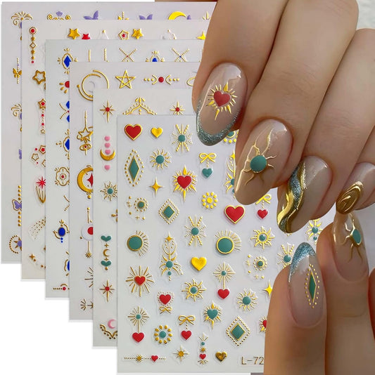 6 Sheets Boho Nail Stickers for Nail Art 5D Embossed Star Moon Nail Designs 3D Self-Adhesive Colorful Love Heart Nail Decals with Designs Butterfly Nails Supplies for Women Manicure DIY