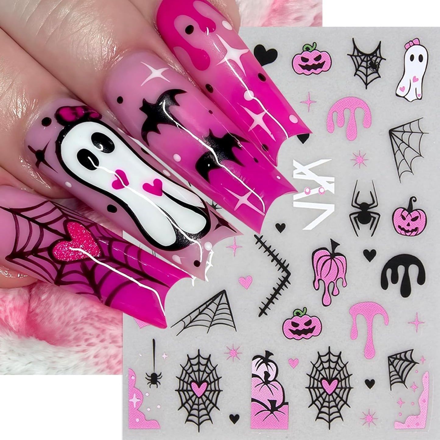 8Sheets Halloween Nail Stickers for Nail Art Black White Spider Web Nail Decals Black Pink Stars Love Rhinestones Spider Design Nail Supplies Bats Nail Art Stickers for Women DIY Manicure Decorations