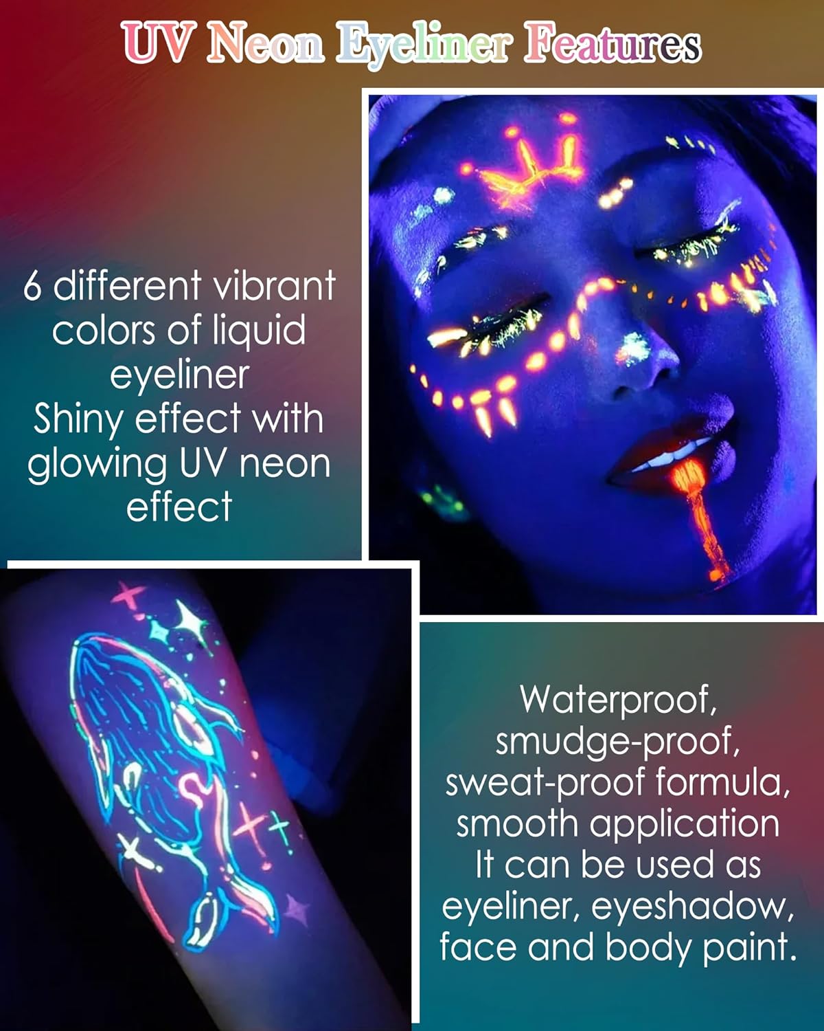 Glitter UV Neon Eyeliner Pencil, Waterproof Smudge-Proof Purple Eye Liner Liquid Pen, High-Pigment Shimmer Eyeliner Pen Long-Lasting Colorful Professional Makeup,Halloween Rave Party Gift for Women-06