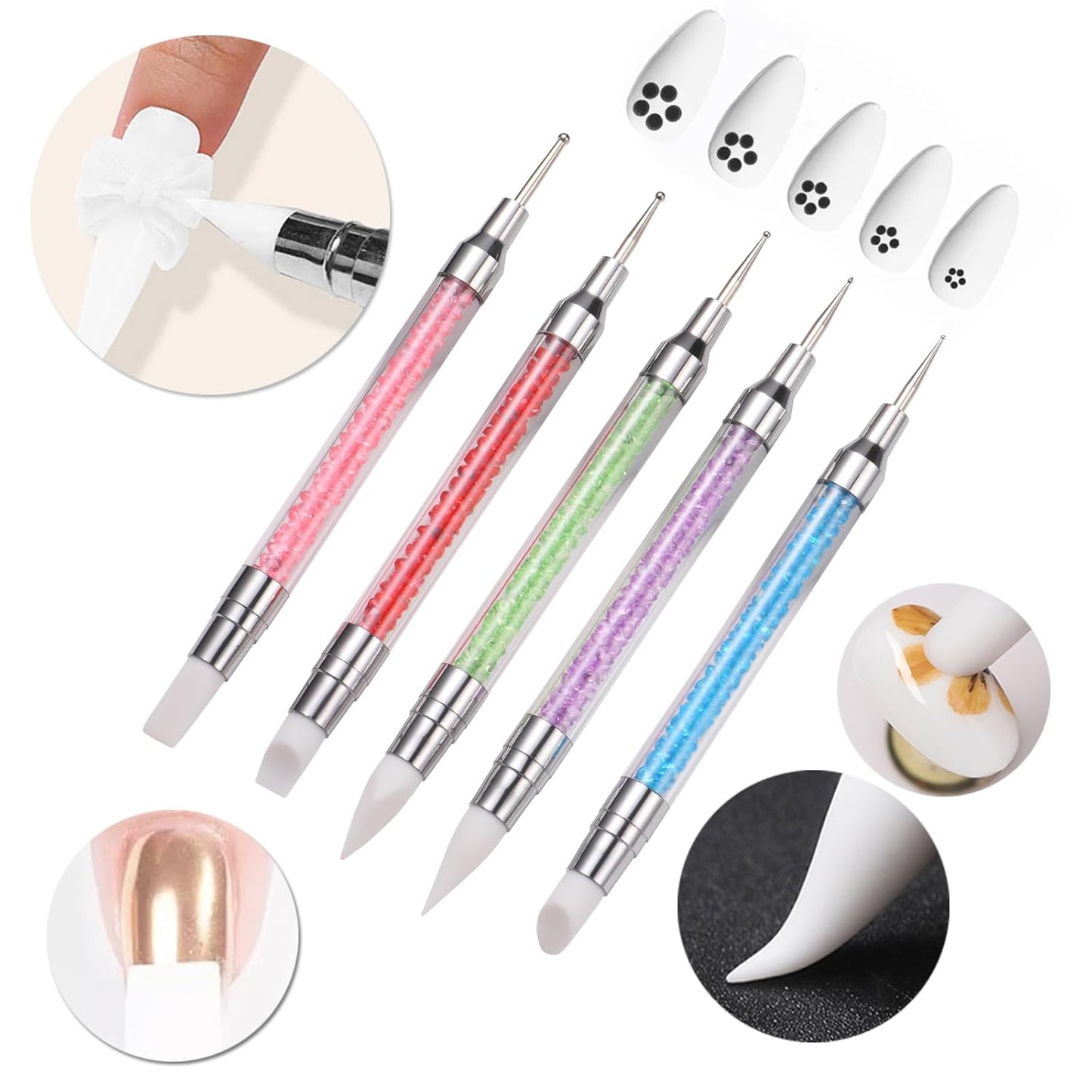 62 Pcs Nail Art Brushes Set,5 Pcs Striping Liner Brush,5 Pcs Dual Tipped Silicone Dotting Sculpture Pen,50 Pcs Nail Sponges for Ombre with Grabbing Pen,Mixing Palette Pen Holder