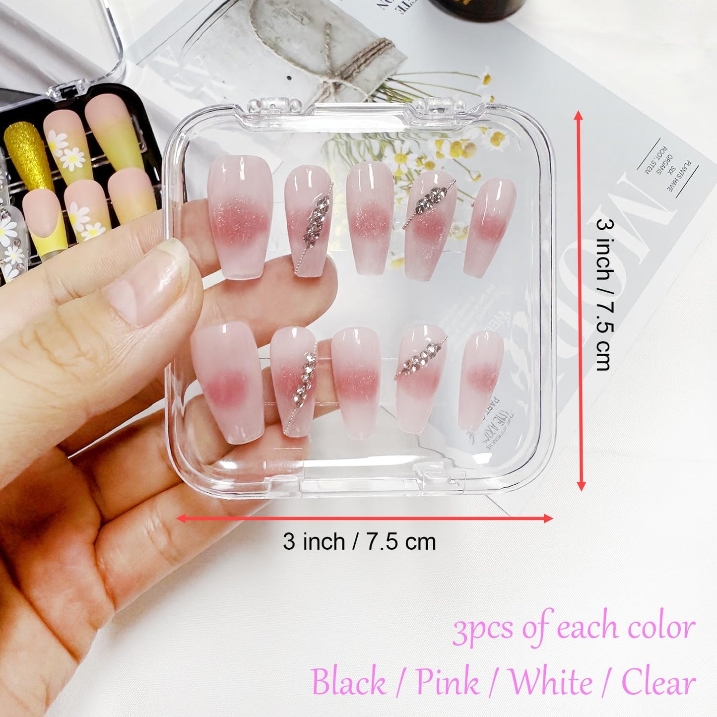 12 Piece Press On Nail Storage Box with 60 Pcs Double Sided Tape - Acrylic Fake Nail Display Box for Home Salon Use