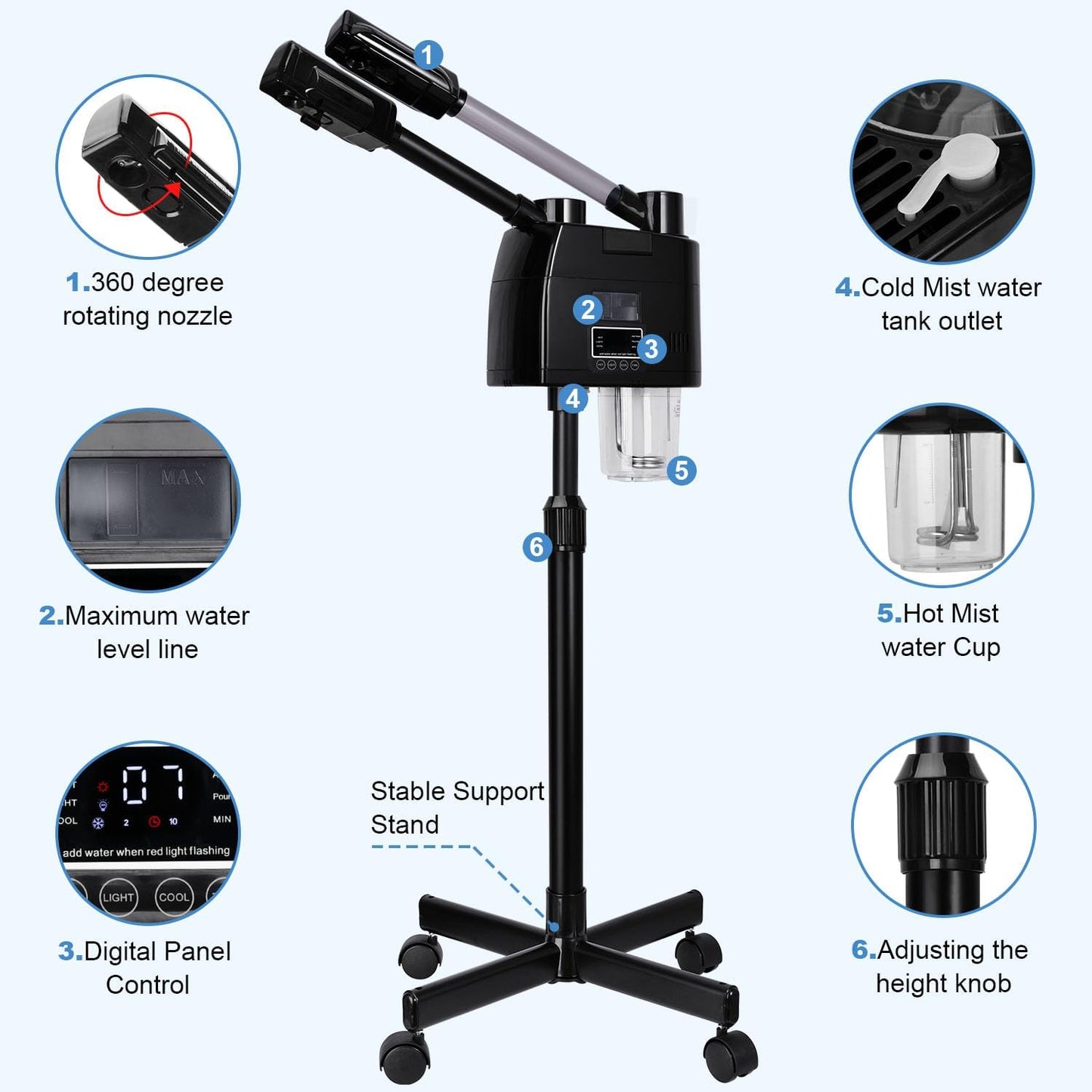 Professional Facial Steamer, 2 in 1 Facial Steamer, Esthetician Steamer with Hot&Cold Nozzle,Digital Face Steamer for Home Beauty Salon Spa