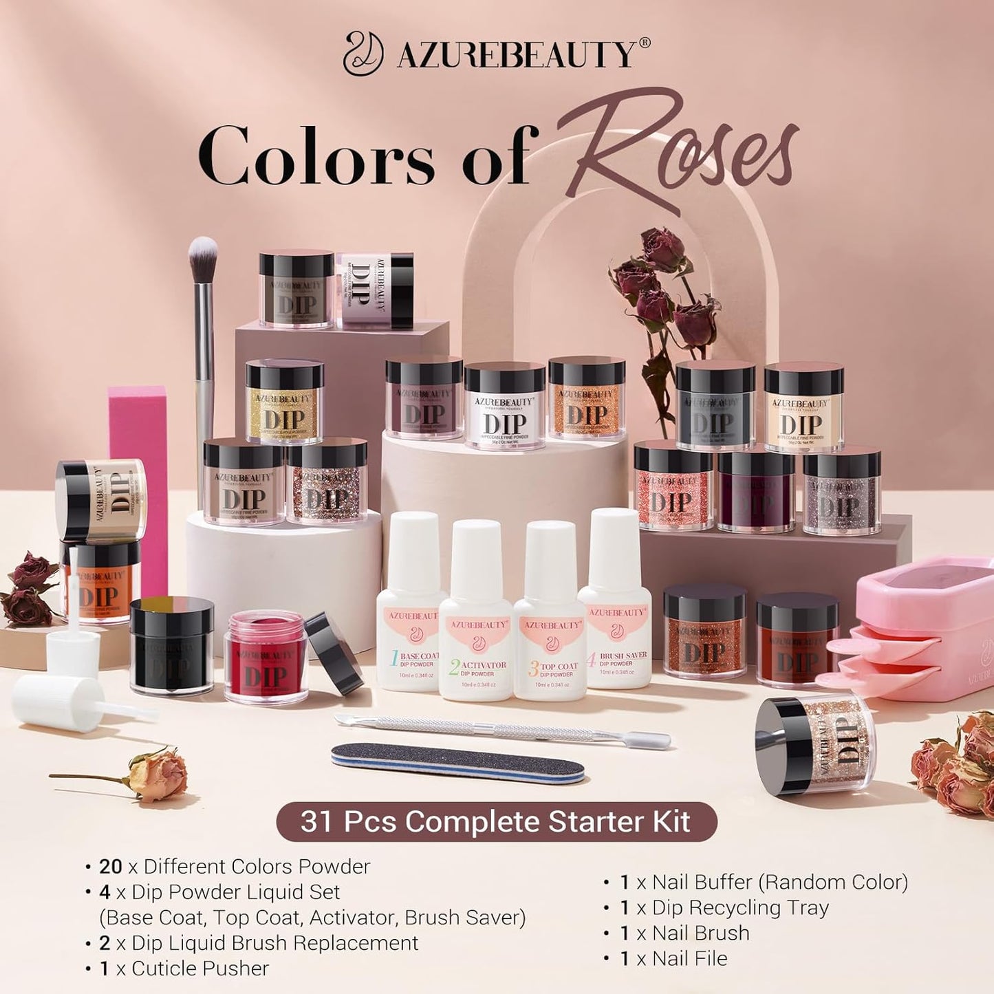 AZUREBEAUTY Fall Dip Powder Nail Kit 20 Colors Glitter Nude Black Grey Winter 31 Pcs Dip Powder Liquid Set with Top/Base Coat Activator for French Nails Art Manicure DIY Salon Women Gift