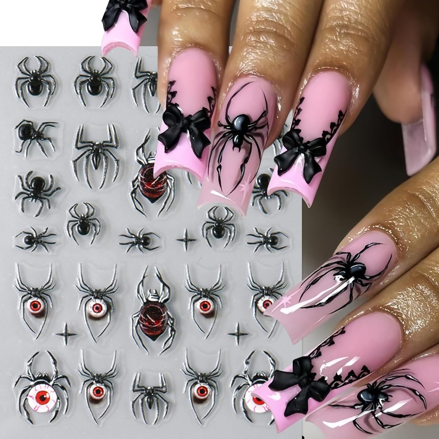 3 Sheets Halloween 5D Embossed Cute Ghost Nail Stickers Self-Adhesive Spider Web Spiders Nail Decals Horror Eyes Spider Nail Art Supplies Nail Accessories for Women Acrylic Manicure Holiday Supplies