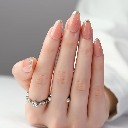 French Press On Nails Short Almond, Pink Fake Nails with Gold Border Accent Glitter French Tips Designs, Glossy Gel Finish Acrylic Nails Press Ons Short, Natural Reusable Glue On Nails Kit, 24Pcs