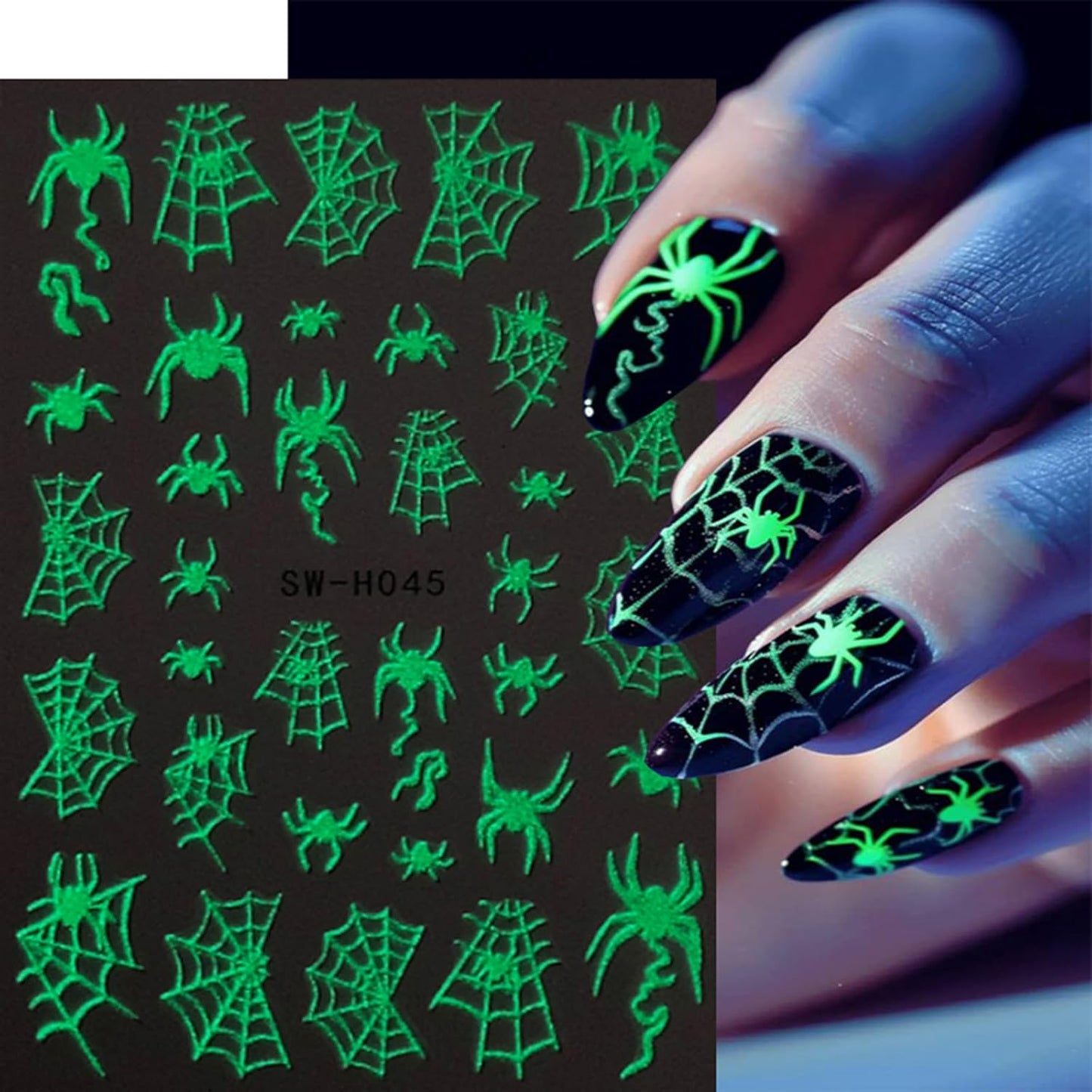 Glow in The Dark Nail Art Stickers Halloween Skull Nail Decals 6PCS Spider Web Skeleton Nails Design 3D Self-Adhesive Nail Art Supplies Halloween Stickers for Nails Luminous for Women DIY Manicure