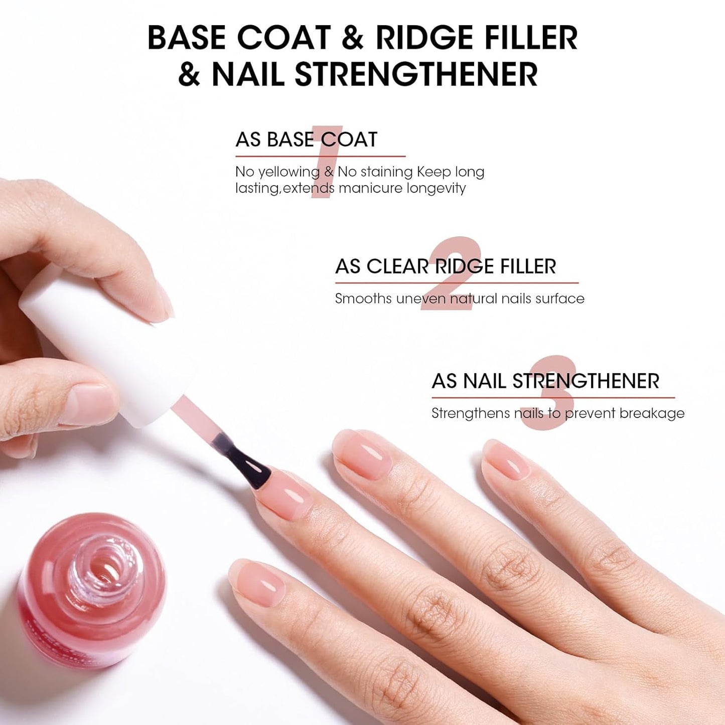 GELLEN Tinted Red Ridge Filler For Nails, Clear Nail Polish Ridge Filling Base Coat, Nail Strengthener and Growth, Hydrates Strengthens Nourishes Damaged Dry Nails, Shea Butter & Vitamin E & Protein