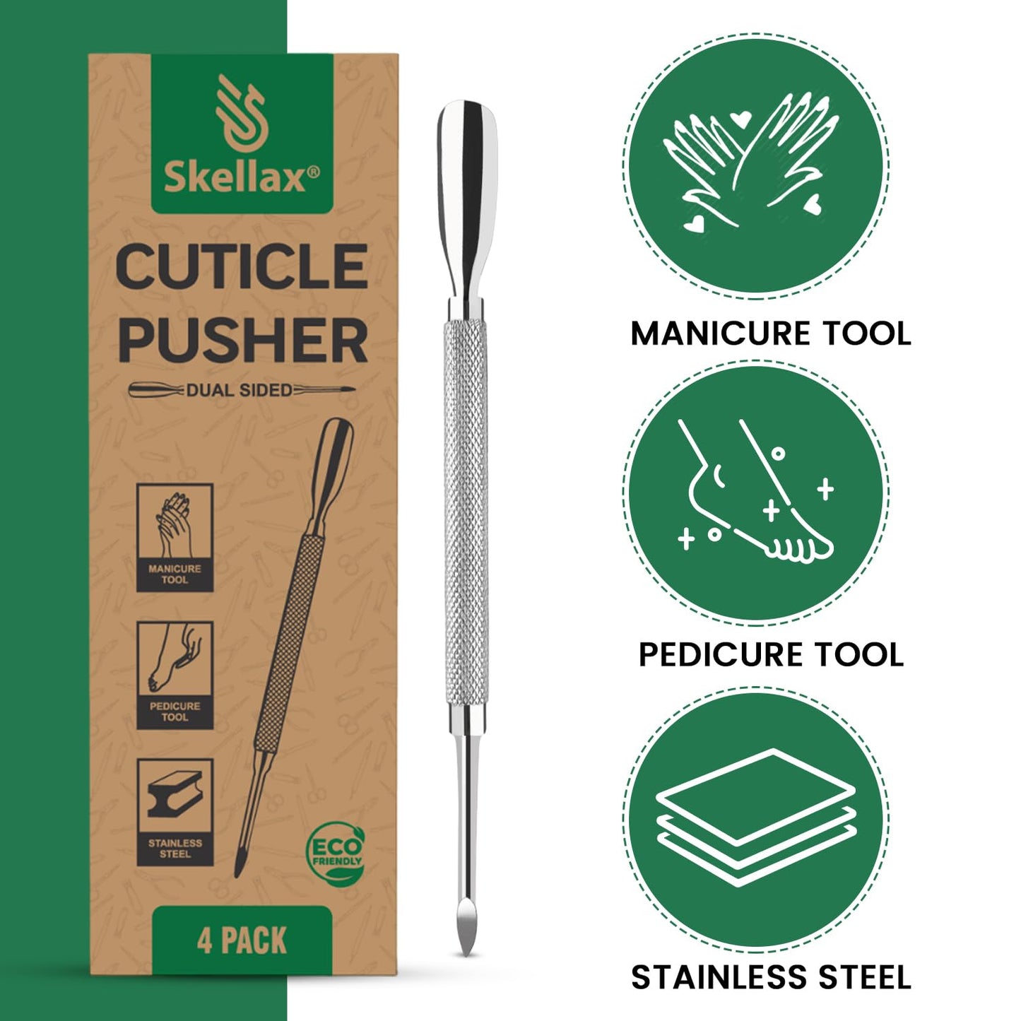 4PCS Cuticle Pusher Double Ended Sharp Edge Spoon Shaped Set, Salon Quality Stainless Steel Metal Manicure Pedicure Nail Polish Remover Cleaner Tools for Fingernails Toenails