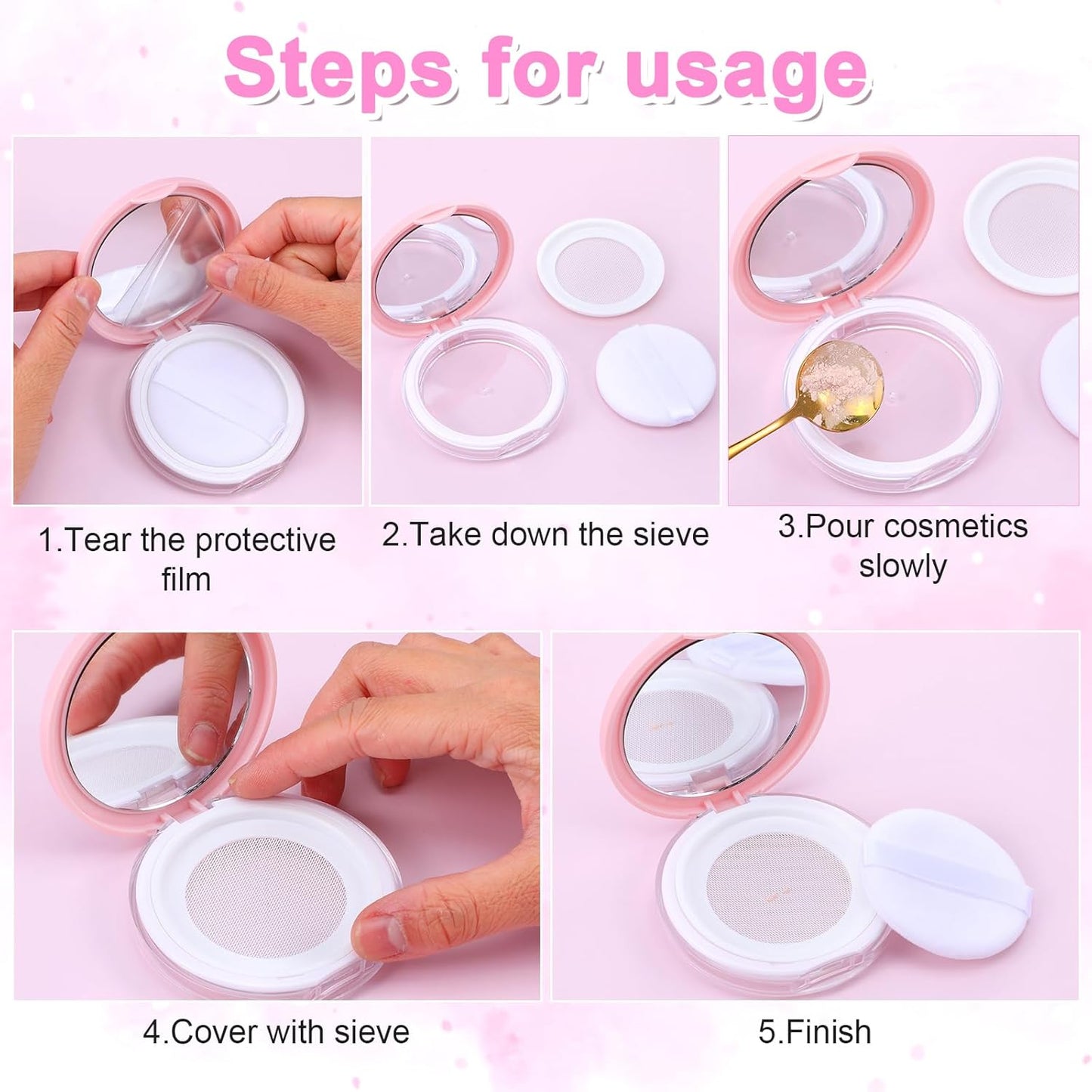 2 Pcs Loose Powder Container with Puff, 0.3-0.7oz Reusable Travel Powder Puff Case Refillable Empty Makeup Compact Box with Mirror for Travel DIY Makeup Cosmetic
