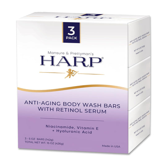 HARP Anti-Aging Body Wash Bar With Retinol + Niacinamide, Vitamin E, Hyaluronic Acid. 100% Syndet Base. Soap/Lye-Free and FRAGRANCE FREE (3-Pack, Anti-Aging Serum)