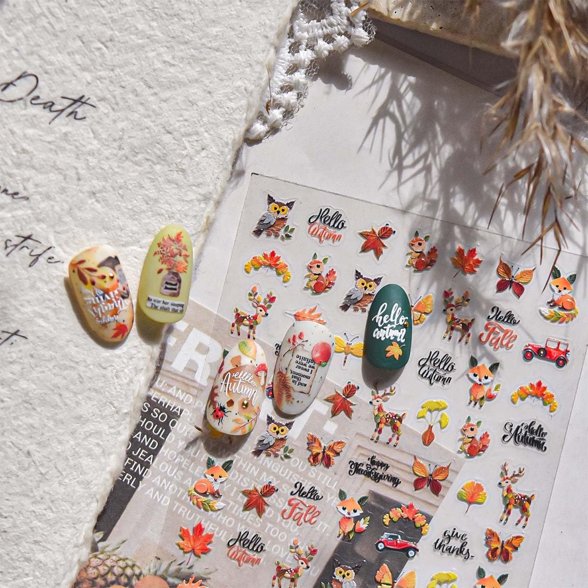 Fall Nail Sticker 5D Embossed Autumn Nail Decals Maple Leaf Design Butterfly Nail Art Sticker Cute Nails Art Decals Plants Animals Nails Supplies for Women Holiday DIY Manicure 1 Sheet