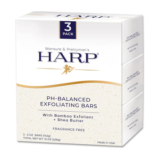 HARP pH-Balanced (5.0-6.0) Exfoliating Body Wash Bar - FRAGRANCE FREE. Bamboo Powder Exfoliation -the perfect consistency. Soap/Lye/Preservative/Dye/Masking agent-Free. Non-comedogenic.
