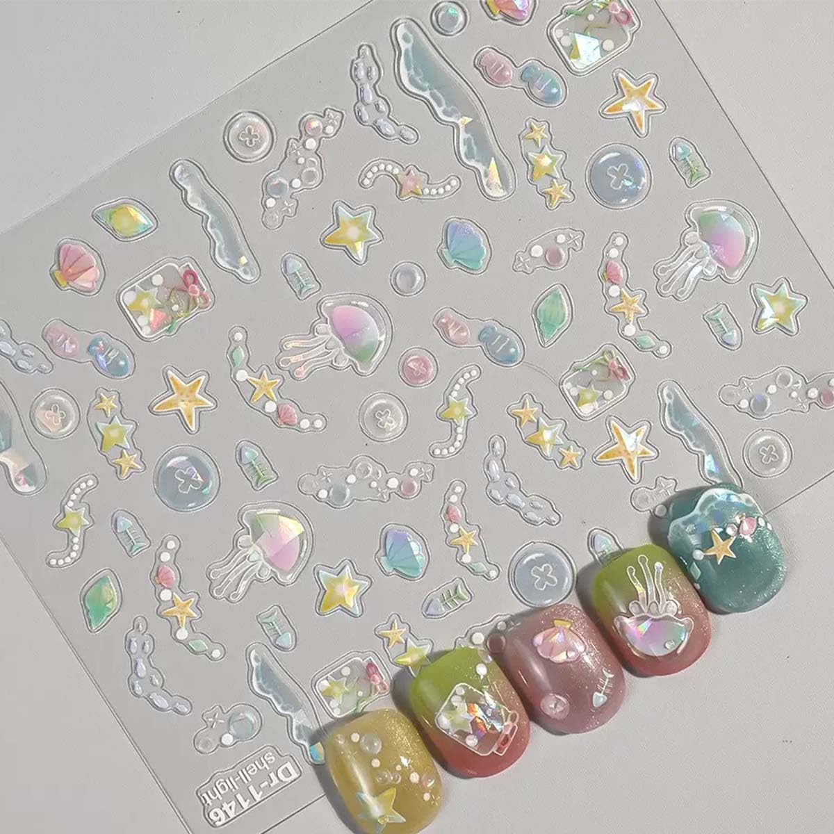 2 Sheet Aurora Nail Art Sticker Summer Nails Decals 3D Adhesive Stickers Jellyfish Shell Starfish Design Cute Nails Art Decals for Women Girls Holiday Manicure Decoration