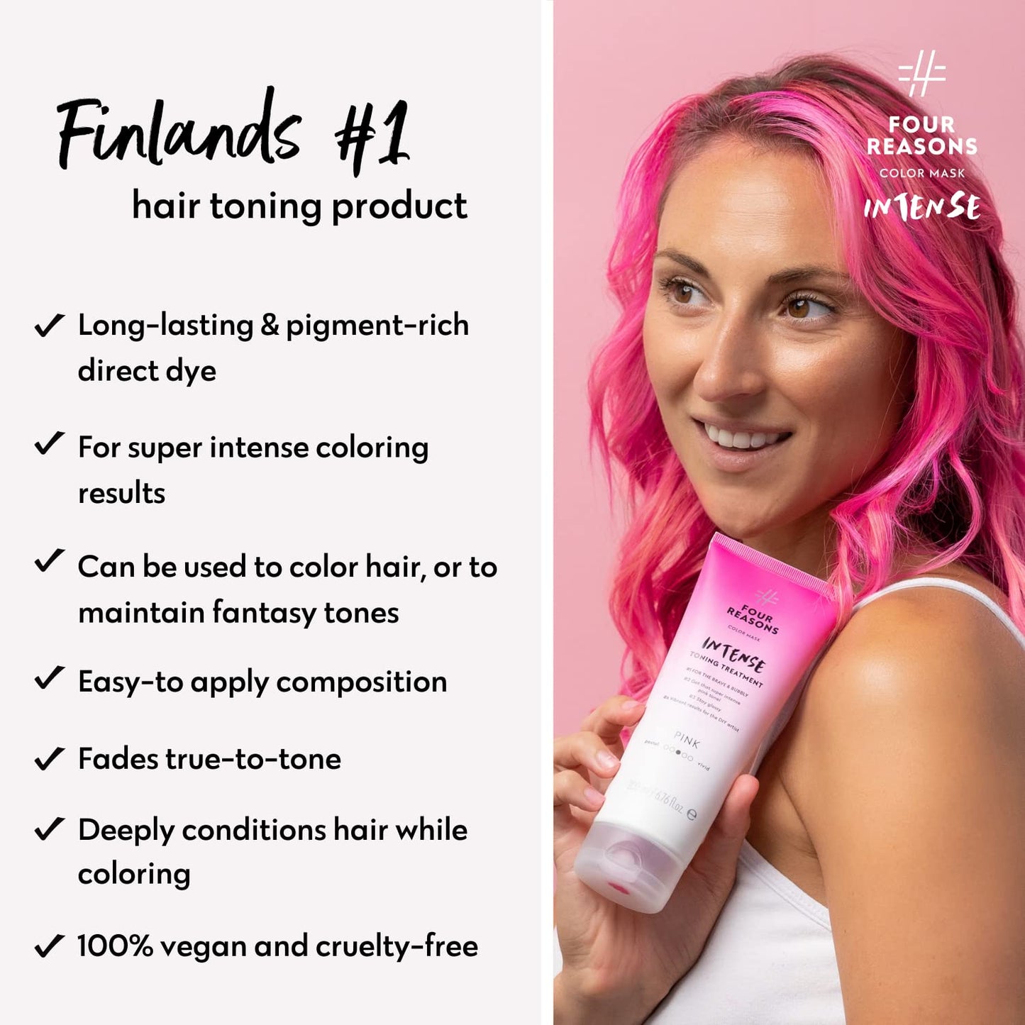 Four Reasons Color Mask INTENSE - Pink – (27 Colors) Intensive Toning Treatment - Color Depositing Conditioner – Semi Permanent Hair Dye for Lightened and Colored Hair– 100% Vegan, 6.76 fl oz
