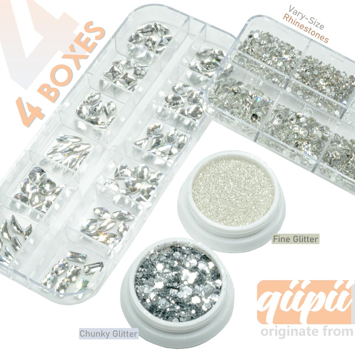 4 Boxes Silver Clear Nail Rhinestones and Glitters 24 Shapes K9 Glass Crystal White Gems Flatback Round Stones Diamonds Crystals Nail Art Charms for Nails Face Eyes Makeup DIY Crafts Tumblers