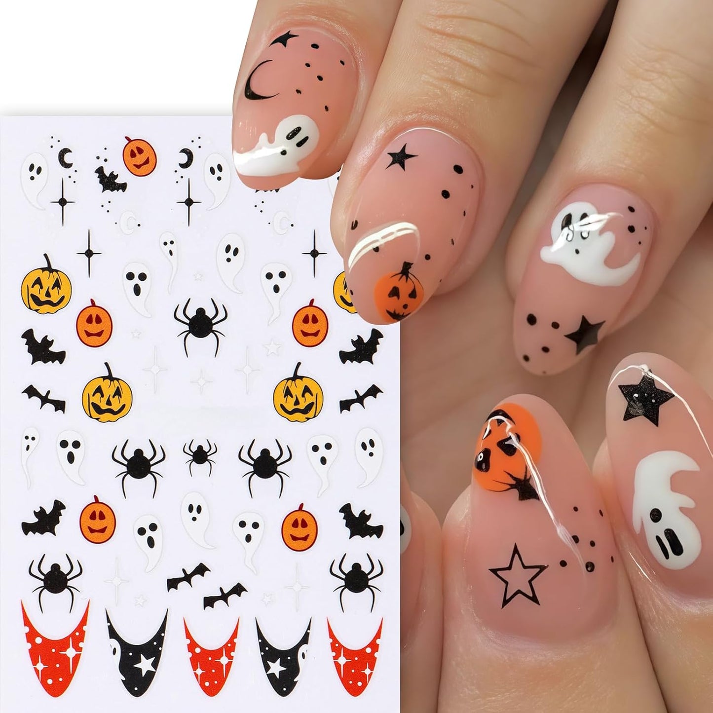 8Pcs Halloween Nail Art Stickers Decals Cute Ghost Pumpkin 3D Self Adhesive Nail Decals Flower Spooky Mushroom Ghost Nail Design Pumpkin Cats Spider Bats French Manicure Supplies for Women Nail Decor