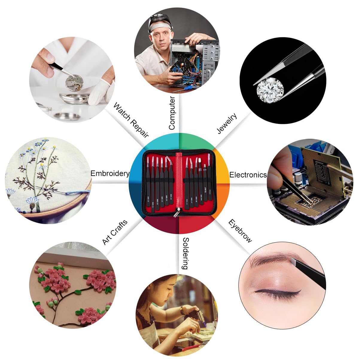 Antonki 12 Pack Precision Tweezers Set for Craft, Soldering, Jewelry, Facial Hair, Eyebrow, Ingrown Hair Removal, Eyelash Extension- with Case