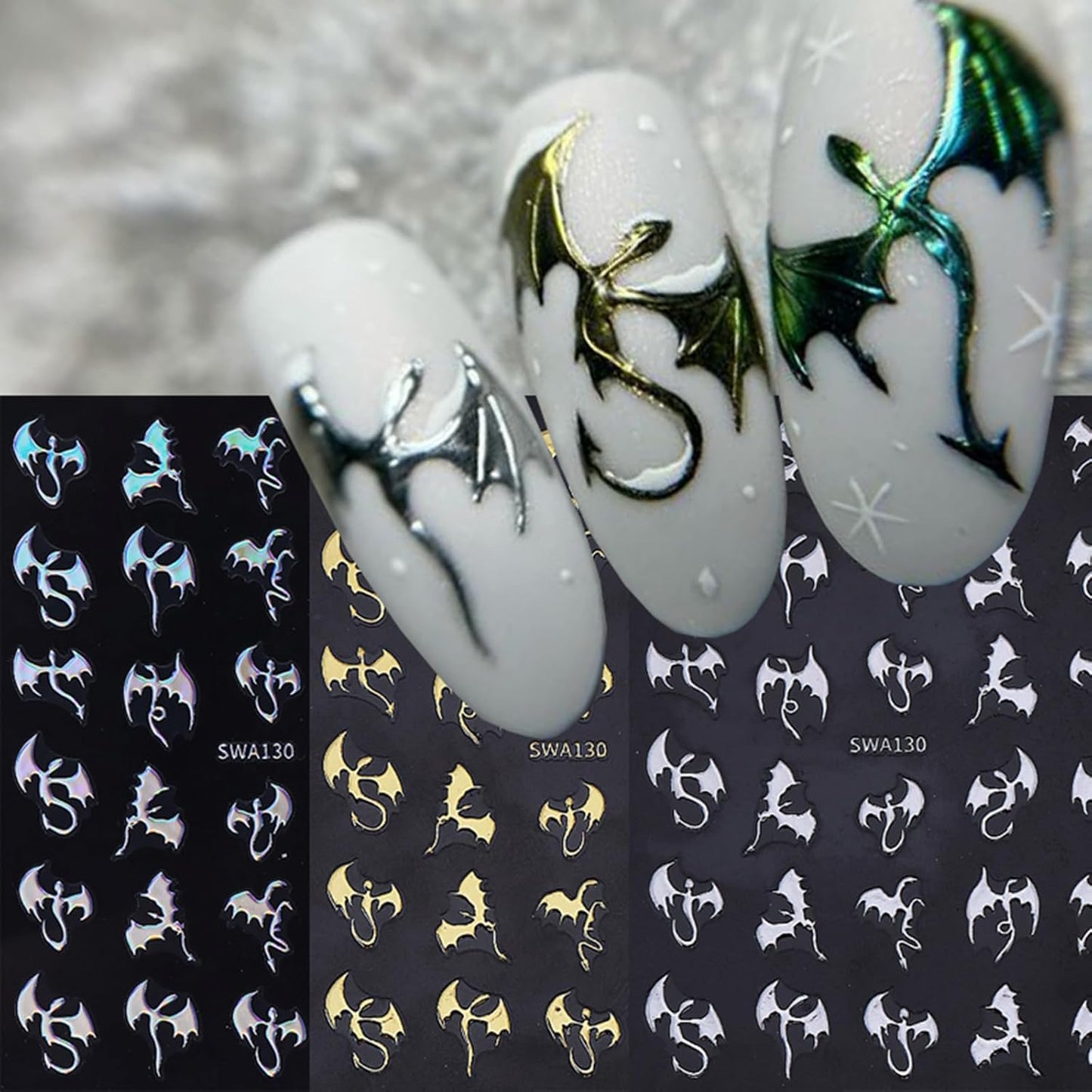 6 Sheets Halloween Nail Stickers Metal Flying Dragon Glitter Bat Nail Art Stickers Decals 3D Self Adhesive Nail Decals Glitter Bat Designs Nail Art Supplies Halloween Stickers for Nails for Women DIY