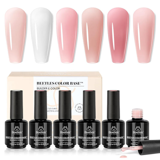 Beetles Rubber Base Builder Nail Gel Set - 6 Colors Nude Pink White Base Gel Polish for Nail Extension, Repair and Sculpting, Soak Off LED Manicure Art Design Gifts for Women
