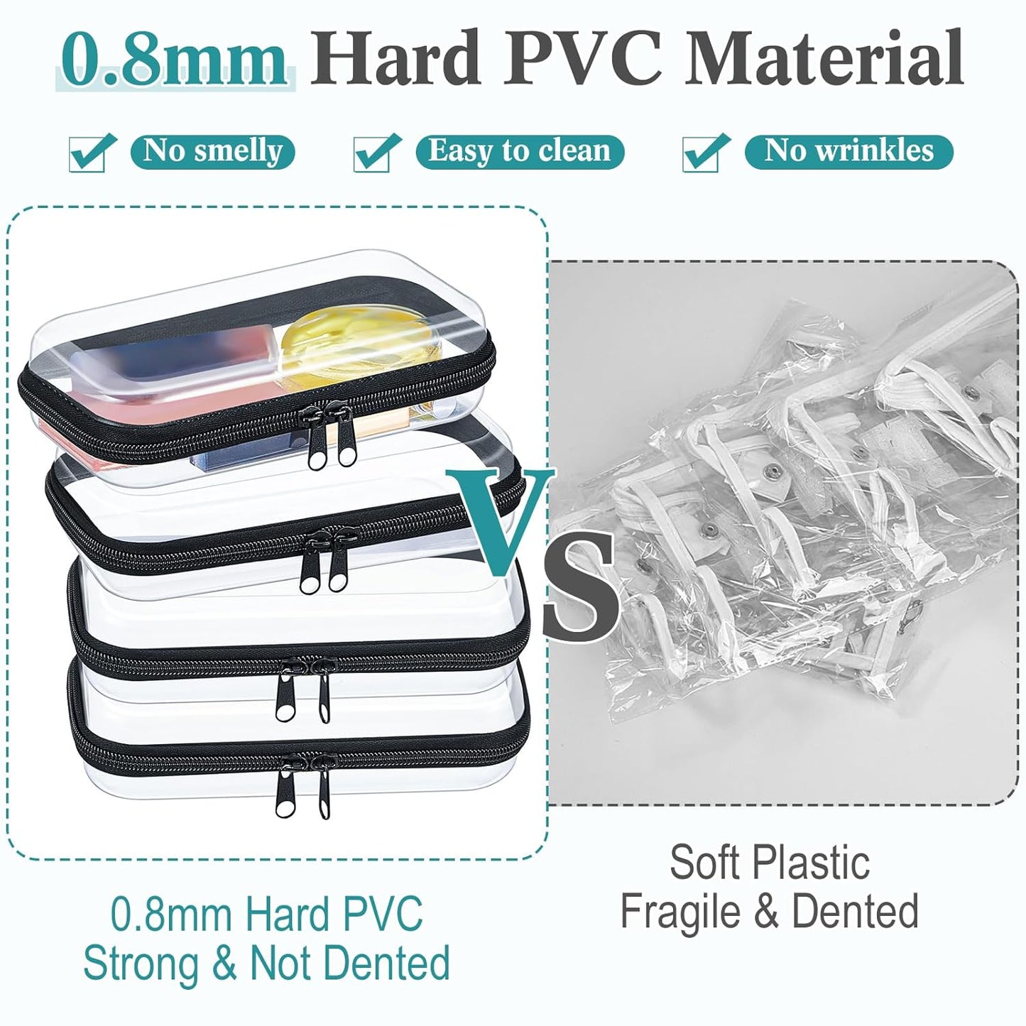 Hoolerry 3 Pcs Clear Hard Zipper Case Plastic Pouch Transparent Hard Case Clear Makeup Bag Portable Travel Organizer Bin for Cosmetics, Building Blocks, Puzzles(Black,S)