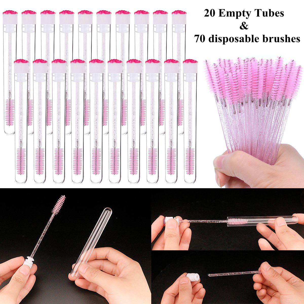 Mascara Wand Brushes Tubes Set-70 Pieces Disposable Eyelash Brushes Replacement with 20 Pieces Empty Container Tubes for Eyelash Extension Lash (Pink Diamond)