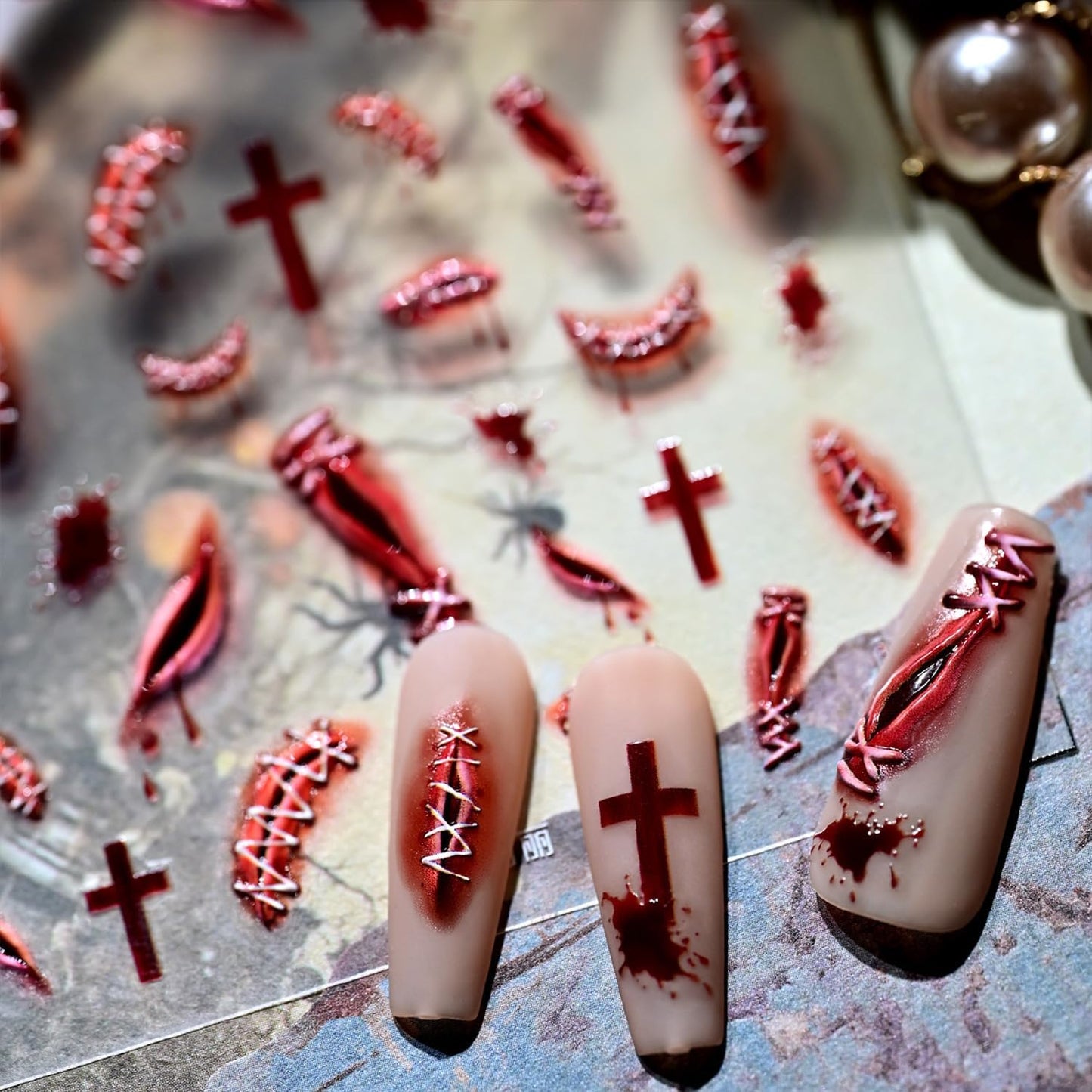 Halloween Nail Stickers for Nail Art Scary Stitch Nail Art Stickers Cross Blood Red 5D Embossed Wound Nail Decals Self-Adhesive Nails Supply Manicure Sliders Devil for Nails Decoration