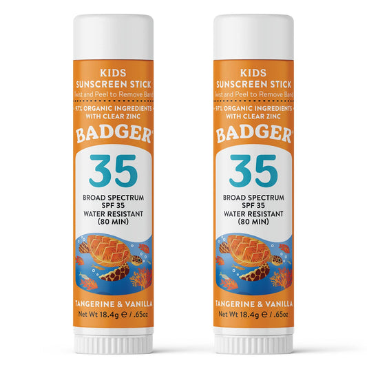 Badger Mineral Kids Sunscreen Face Stick SPF 35, Zinc Oxide Travel Size Sunscreen Stick for Kids, 97% Organic Ingredients, Reef Safe, Water Resistant, .65 oz, 2-Pack