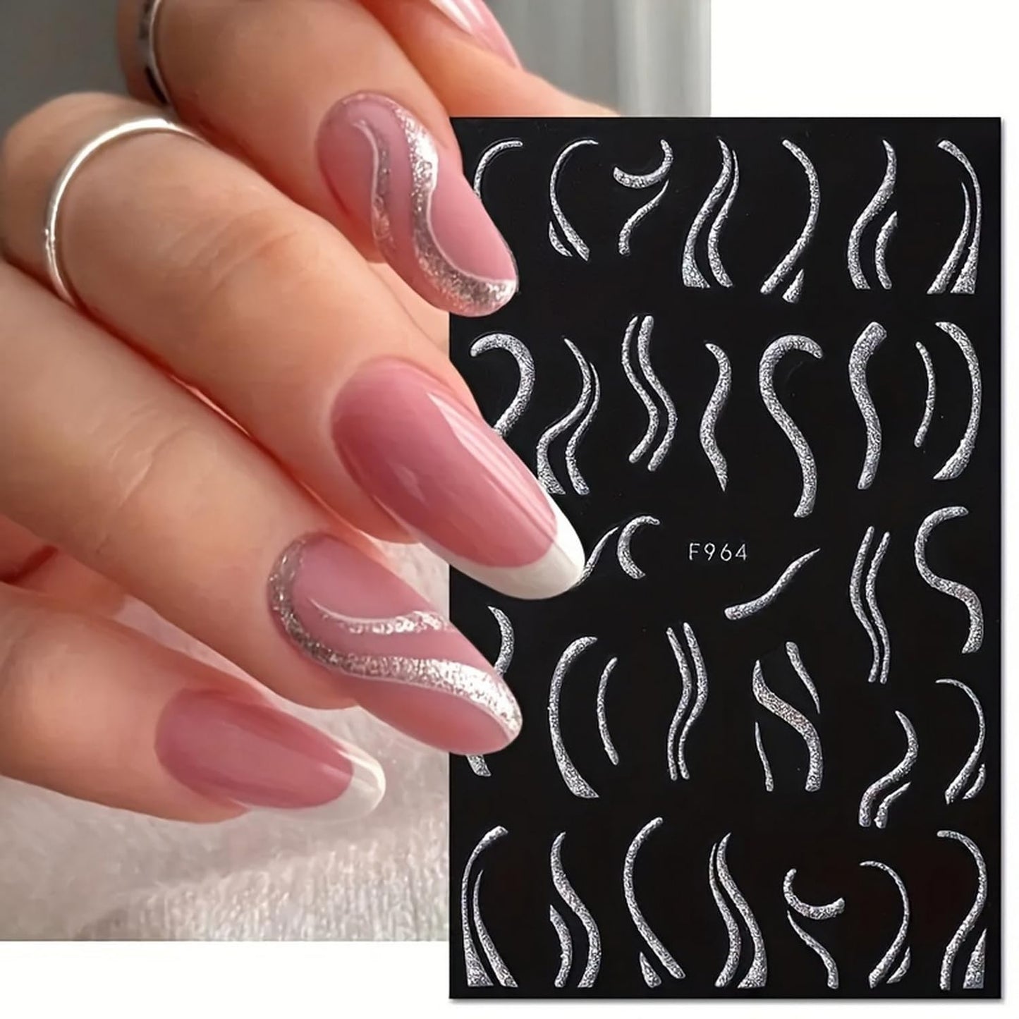 6 Sheets 3D Self-Adhesive French Tip Nail Art Stickers Decals Silver Glitter Nail Stickers Sparkly Nail Decorations Decals Curved Lines Nails Art Designs for Women DIY Nail Art Accessories