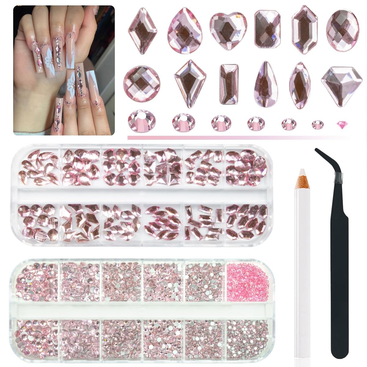 3080Pcs Pink Nail Rhinestones 120 Multi Shapes Flatback Rhinestones Big Gems +2960 Light Pink Round Beads K9 Glass Stones Diamonds jewels Crystals for Nails Faces Eyes Makeup Clothes Crafts DIY