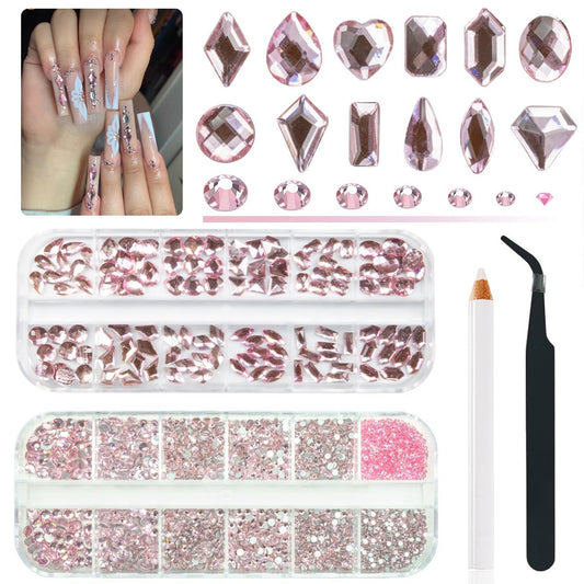 3080Pcs Pink Nail Rhinestones 120 Multi Shapes Flatback Rhinestones Big Gems +2960 Light Pink Round Beads K9 Glass Stones Diamonds jewels Crystals for Nails Faces Eyes Makeup Clothes Crafts DIY