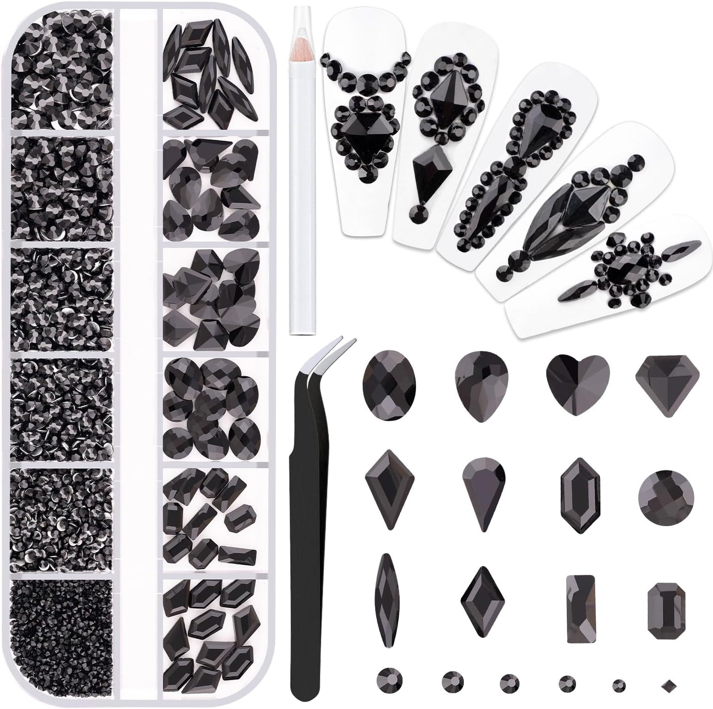 2060Pcs Black Glass Nail Rhinestones 60Pcs Multi Shapes Flatback Nail Gems + 2000Pcs 1.5-4mm Round Crystal, Manicure Nail Charms Diamond Gemstones for Acrylic Nails Decoration
