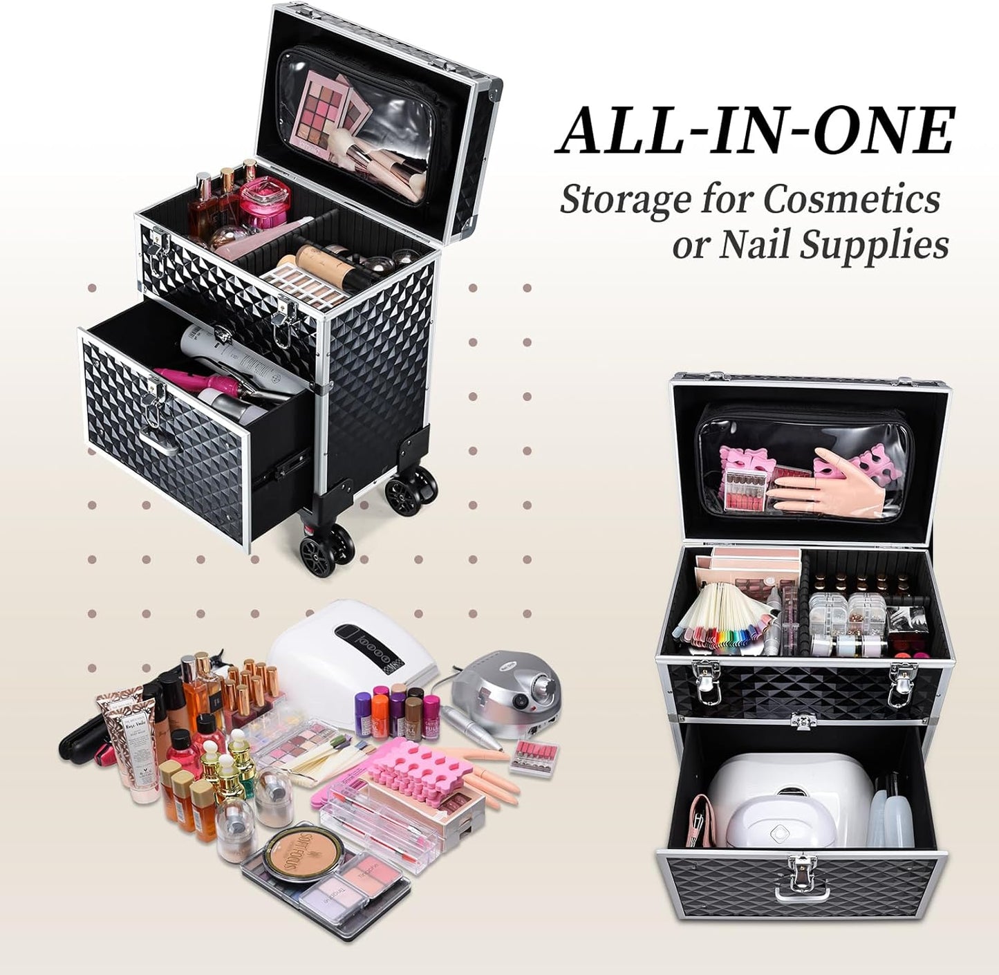 Adazzo Professional Rolling Makeup Case with Drawer for Makeup Artists Cosmetic Train Case Large Storage Case for Nail Technicians Cosmetology Case with Detachable Bag for Hairstylist Black