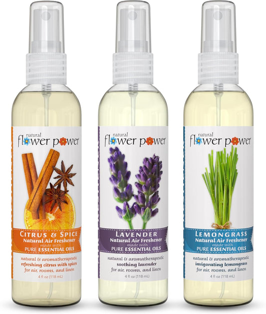 Air Freshener Spray - Odor Eliminator with Essential Oils for Home, Car & Fabric - Cruelty Free & Vegan - Variety Pack - Citrus & Spice + Lavender + Lemongrass - 3 x 4 fl oz